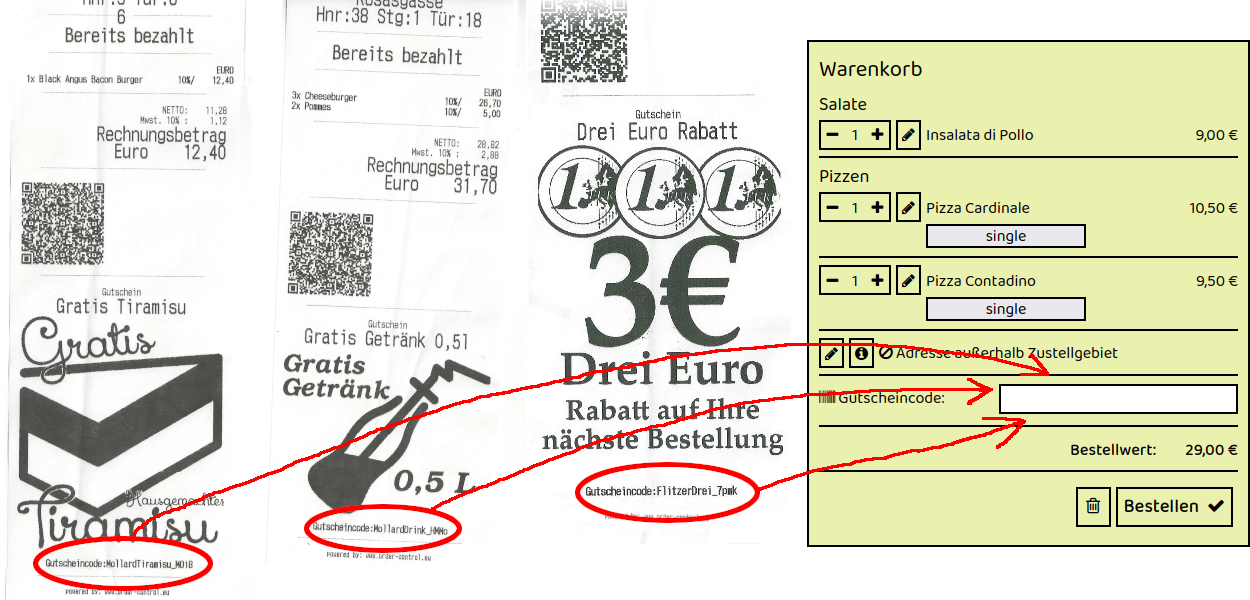 Beispiel für Gutscheincodes auf Rechnungszetteln von MM-Pizza in Salzburg Bessarabierstraße 68 – drei Rechnungen mit individuellen Gutscheincodes, die im Online-Warenkorb des Restaurants eingegeben werden können.