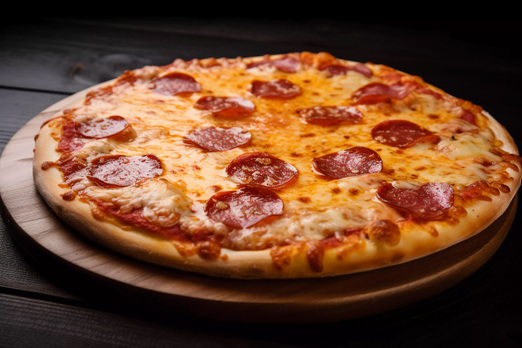 Frisch gebackene Salami-Pizza mit geschmolzenem Käse auf einem Holzbrett – knusprige italienische Pizza mit würziger Tomatensauce und Salami.