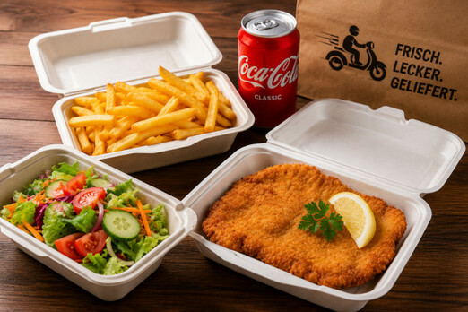 Appetitliches Zustell-Menü mit knusprigem Schnitzel, Pommes, frischem Salat und Getränk in modernen Take-away Verpackungen – frisch zubereitetes Lieferessen für verschiedene Menüangebote.