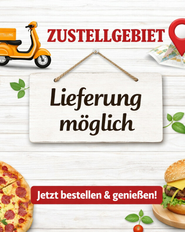 MM-Pizza Unser Zustellgebiet Zustellgebiet auf weißem Holz Hintergrund 